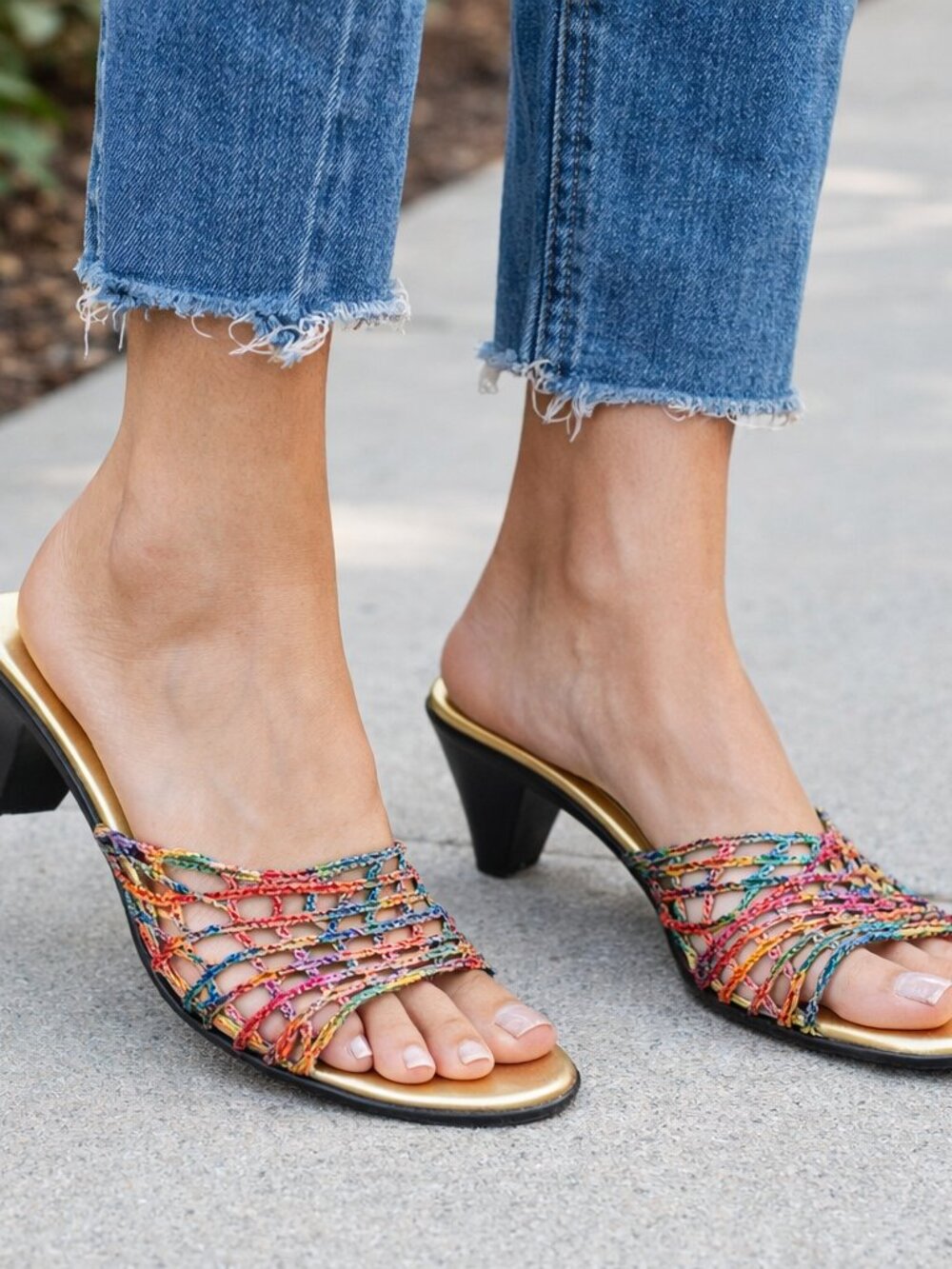 New Italian shoemakers multi-color woven leather open toe heeled sandals